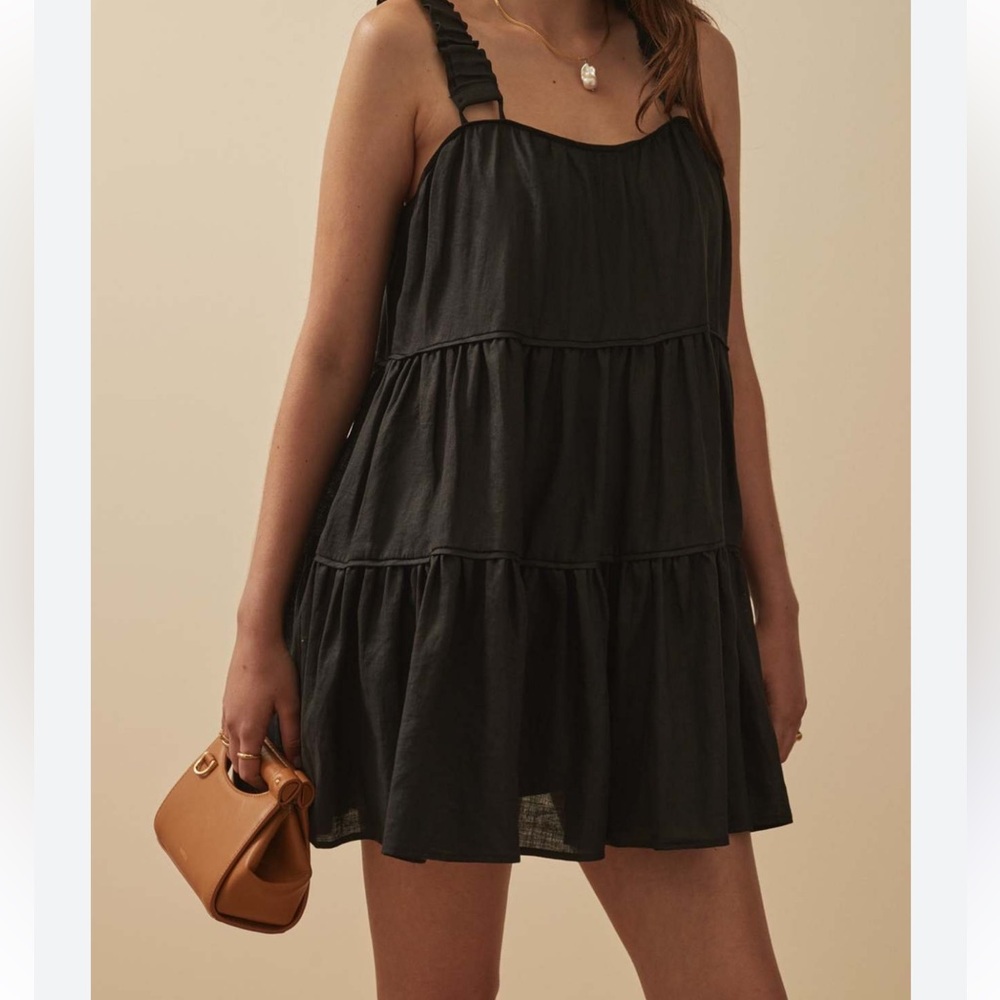 Anthropologie SANCIA Azealia Linen Babydoll Smock Mini Dress In black‎ Sz Medium